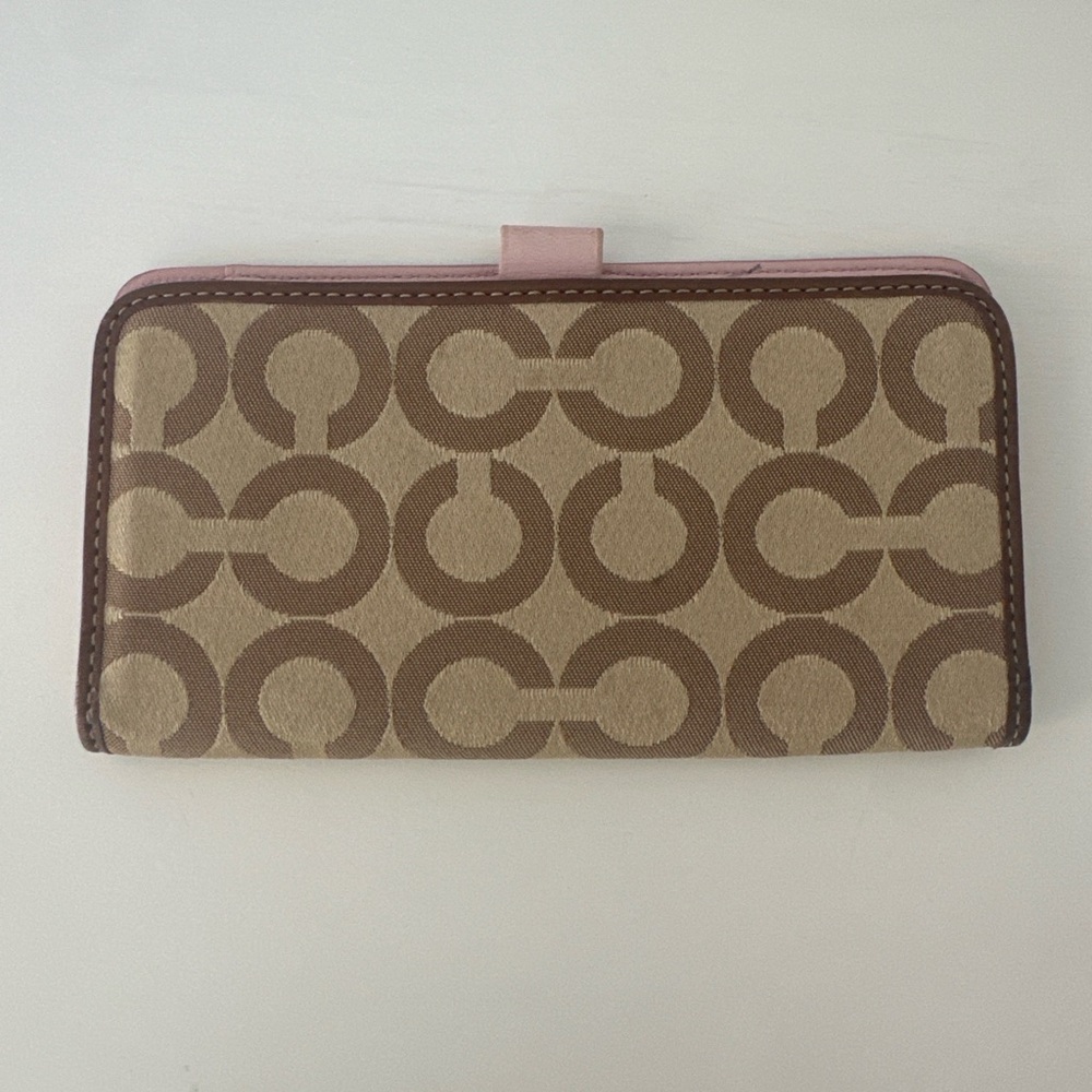 Vintage Coach Y2K Signature Checkbook Holder Phone Case Wallet Tan Pink Leather - Picture 2 of 5
